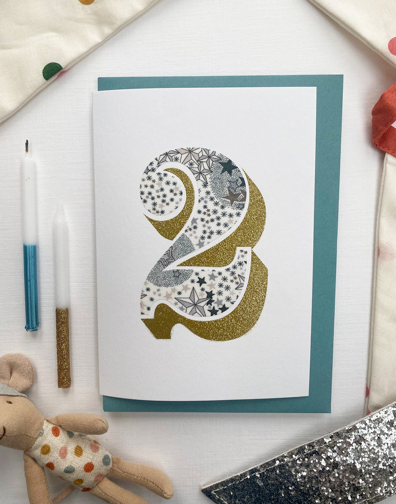 Pack of Age 2 Birthday Cards - Bio Glitter & Liberty Adelajda's Wish fabric