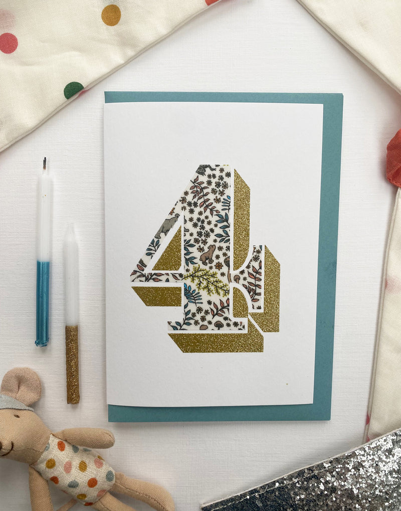 Age 4 Birthday Card - Bio Glitter & Liberty Feldberg Forest fabric