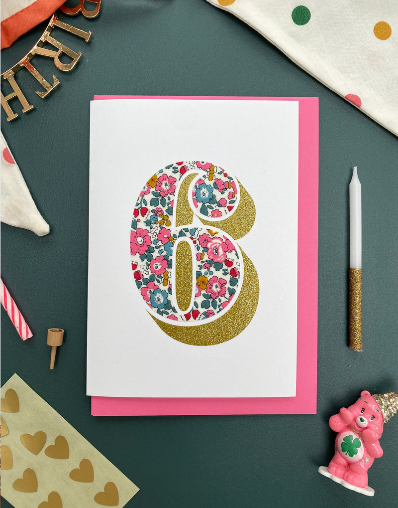 Age 6 Birthday Card - Bio Glitter & Liberty Betsy Ann Dark Pink fabric