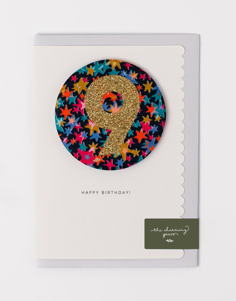 Age 9 Birthday Badge Card - Liberty Hesper Fabric