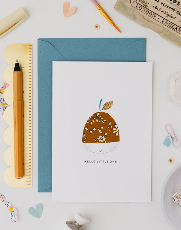 Acorn New Baby Card - Liberty Capel Mustard Fabric