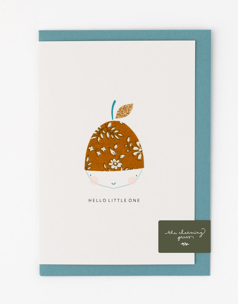 Acorn New Baby Card - Liberty Capel Mustard Fabric