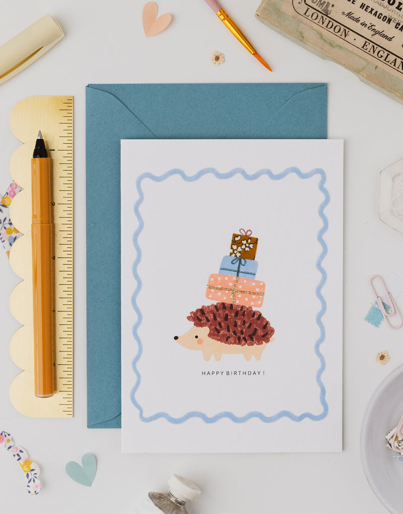Liberty Hedgehog Birthday Card - Capel Mustard