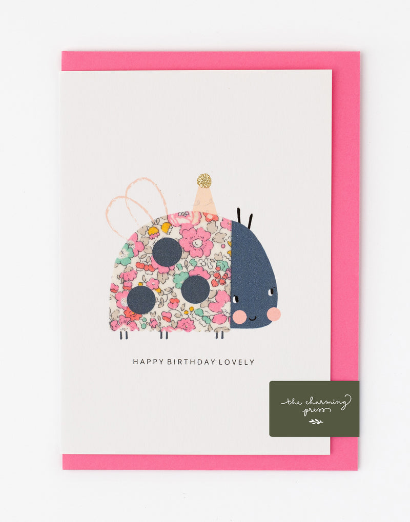 Pack of 6 Ladybird Birthday Cards - Liberty Betsy Ann Pale Pink Fabric