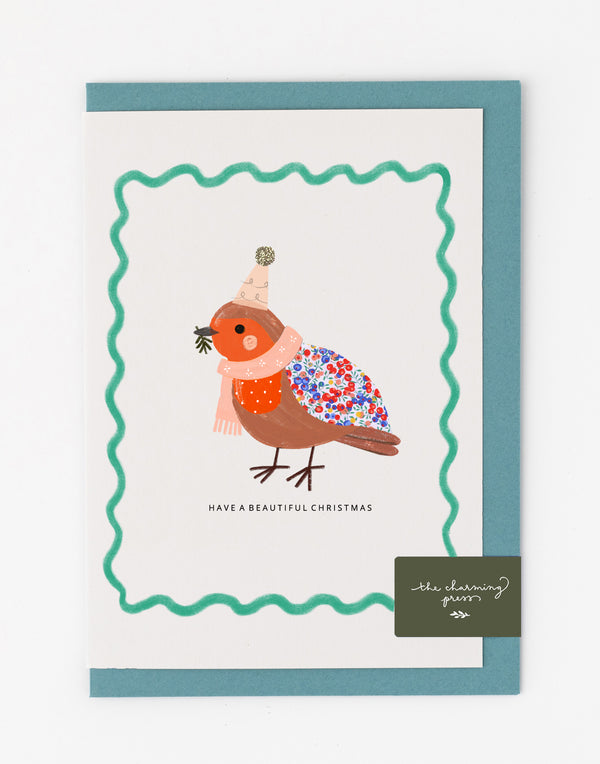 Robin Christmas Card - made with Liberty Wiltshire Bud fabric