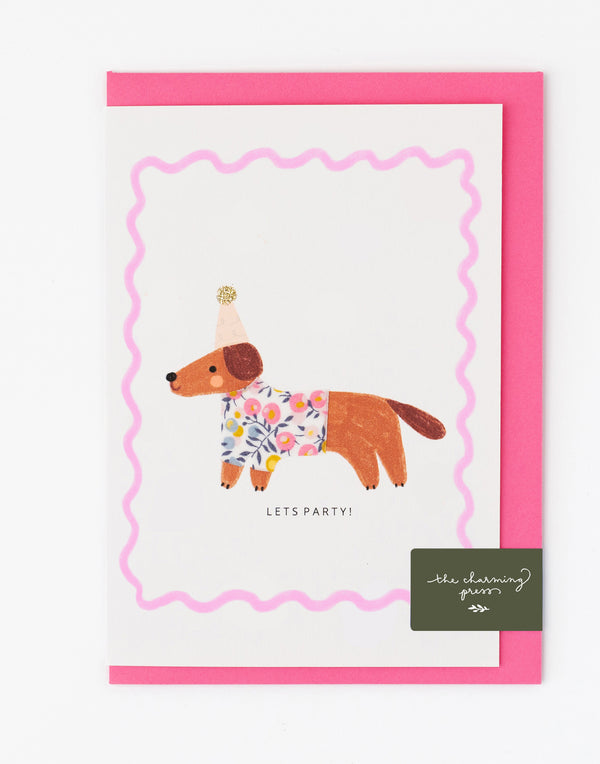 Sausage Dog Birthday Card - Liberty Wiltshire Bud Fabric